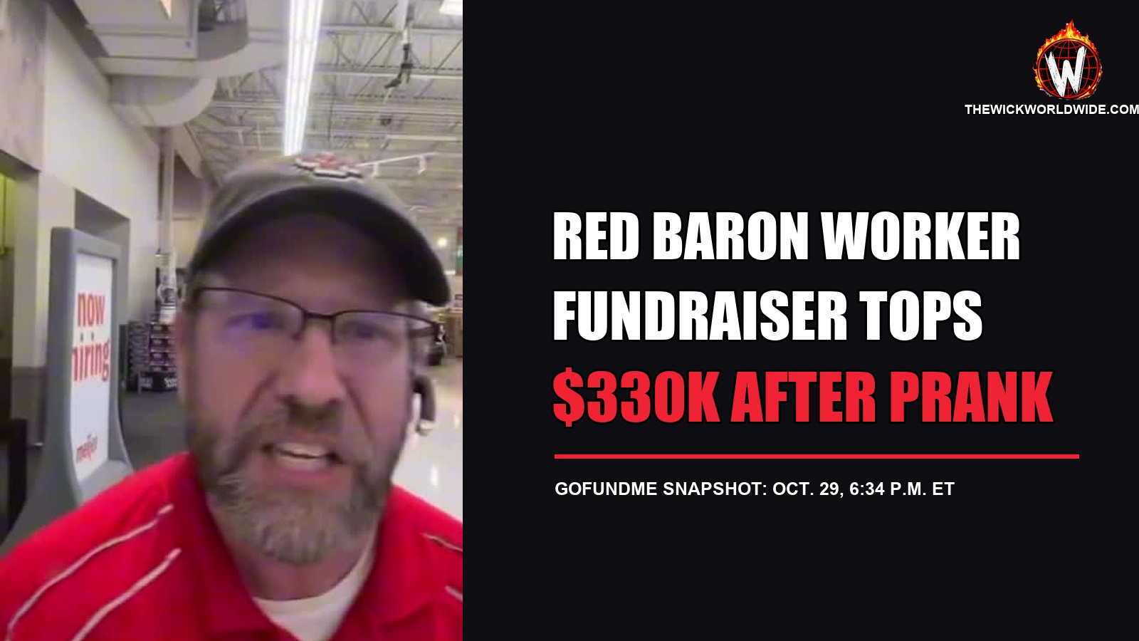Red Baron Pizza worker from supermarket video beside headline noting fundraiser topped $330,000 after prank.